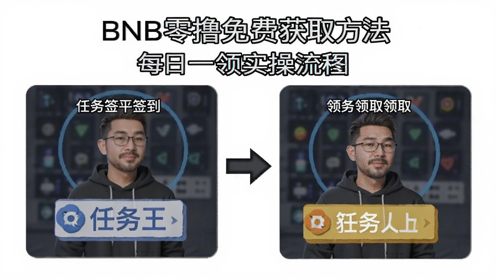 BNB零撸免费获取方法每日一领实操流程图,包含任务平台签到和领取步骤