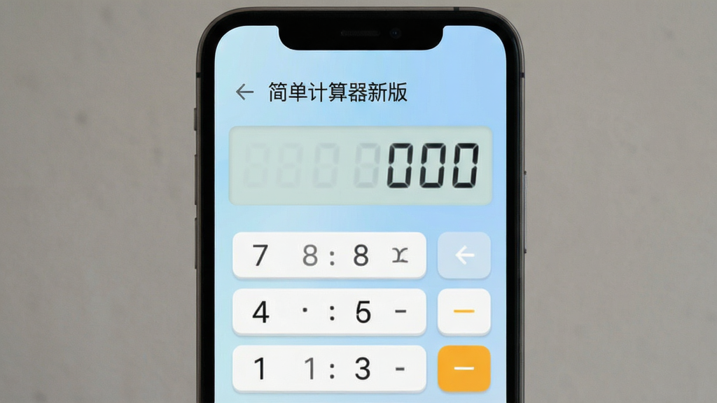 一张展示简单计算器新版软件主界面的手机屏幕截图,画面中央是简洁的计算器数字键盘与显示屏,背景为柔和的浅蓝色渐变,屏幕上方显示软件名称