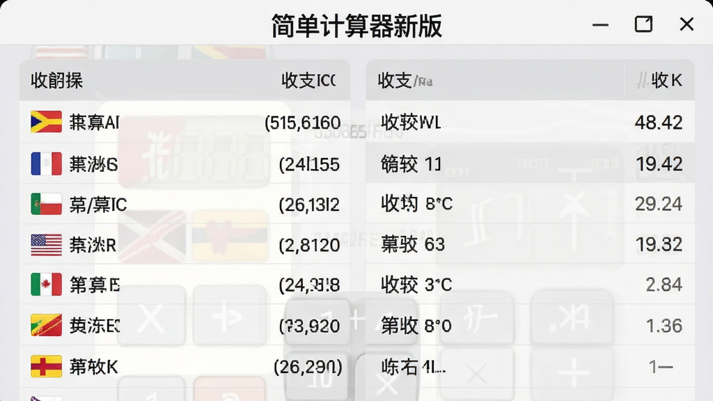 一张展示简单计算器新版汇率转换与记账本功能的界面截图,画面中显示多国货币汇率列表与收支记录条目,屏幕上方有