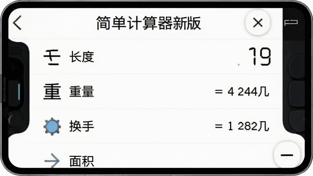 一张展示简单计算器新版单位换算功能的界面截图,画面中显示长度、重量、面积等换算选项列表,屏幕上方有