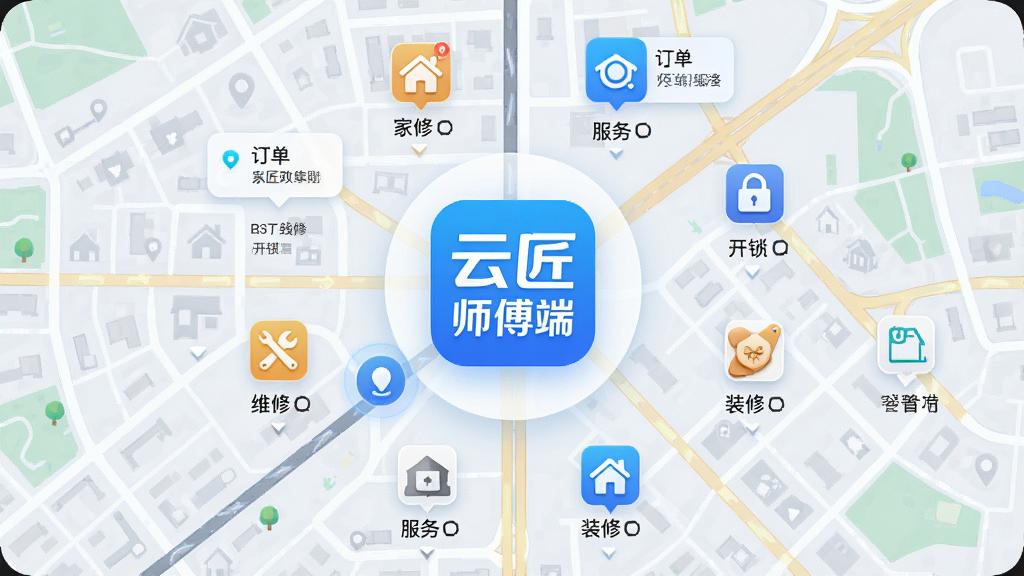 画面主体是一张城市地图,地图上分布着维修、家政、开锁、装修等多种服务图标,布局采用俯视角度全景构图,中心位置显示