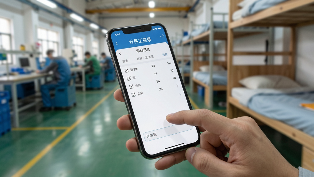 计件工资条手机应用使用场景图,画面展示一只手拿着手机,手机屏幕显示“计件工资条”的每日记录页面,背景是工厂车间或宿舍桌面,布局为人物手持手机的特写,排版自然,风格为写实生活照,细节包括手机屏幕内容清晰、手指点击输入框的动作、周围环境简洁,画质高清,干净,无多余元素