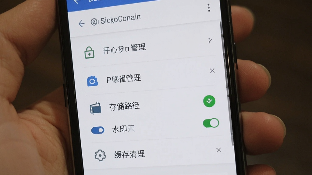 一部安卓手机展示开心水印相机的设置界面,画面中有权限管理、存储路径、水印开关、缓存清理等选项,界面布局清晰,图标简洁,画质清晰,干净,无多余元素