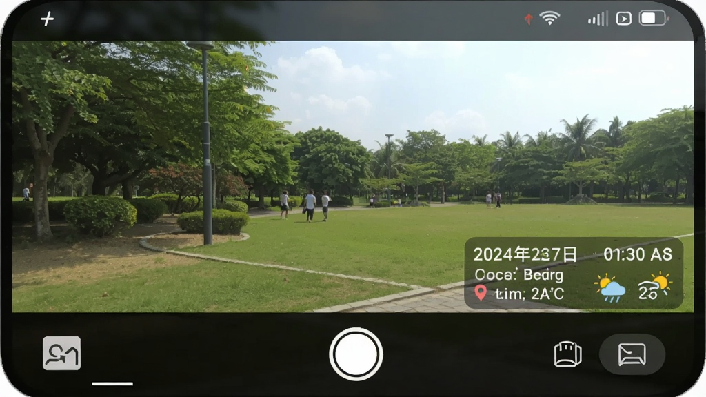 手机屏幕截图,展示开心水印相机的实时预览界面,取景框内显示正在拍摄的公园场景,水印以半透明样式叠加在画面右下角,显示日期、时间、地点和天气信息,界面底部有快门按钮和模板切换按钮,整体风格清新自然,画质清晰,干净,无多余元素