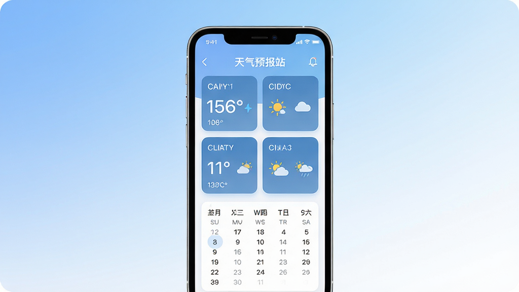 天气预报站应用主界面展示,画面中央是一部智能手机,屏幕显示简洁的天气信息页面,包含多个城市天气卡片、温度数字、天气图标和日历日期对照区域,整体布局清爽有序,背景为柔和的蓝白渐变色调,风格现代简约,细节清晰,画质干净,无多余元素