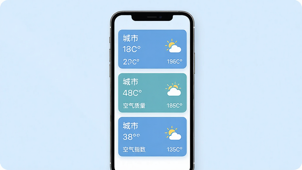 天气预报站多地天气查看功能展示,画面中一部手机屏幕显示三个城市天气卡片纵向排列,每个卡片包含城市名称、温度、天气图标和空气质量指数,界面简洁清新,背景为淡蓝色,风格现代扁平化,细节清晰,画质干净,无多余元素