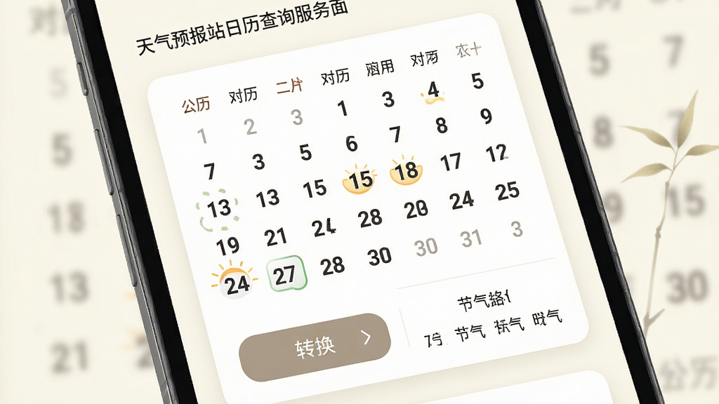 天气预报站日历查询服务界面,手机屏幕显示公历与农历对照日历,日期数字清晰,下方有转换按钮和节气标注,界面采用卡片式设计,背景为淡雅的米白色,风格素雅极简,细节清晰,画质干净,无多余元素