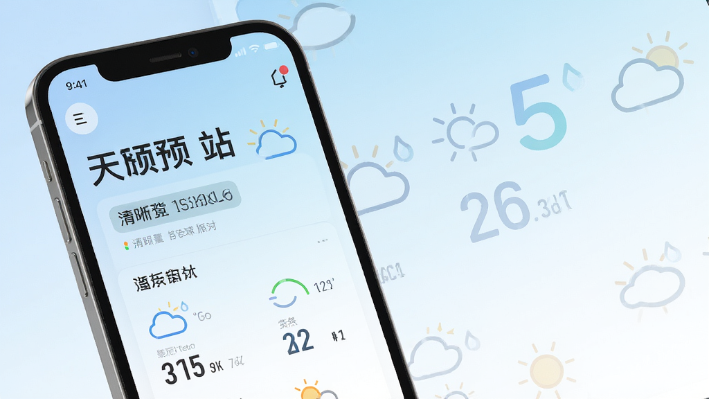 天气预报站清晰视觉呈现效果,手机屏幕展示天气应用界面,信息层级分明,主次数据以不同字号和颜色区分,布局留白合理,背景为柔和的浅蓝到白色渐变,风格清新现代,细节精致,画质干净,无多余元素