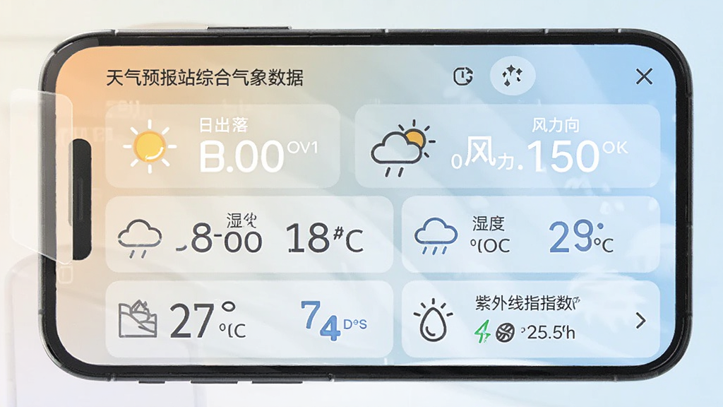天气预报站综合气象数据界面,手机屏幕展示日出日落时间、风力风向、湿度、紫外线指数等详细气象指标,采用图标与数字结合的排版方式,界面清晰易读,背景为浅色渐变,风格简约现代,细节丰富,画质干净,无多余元素