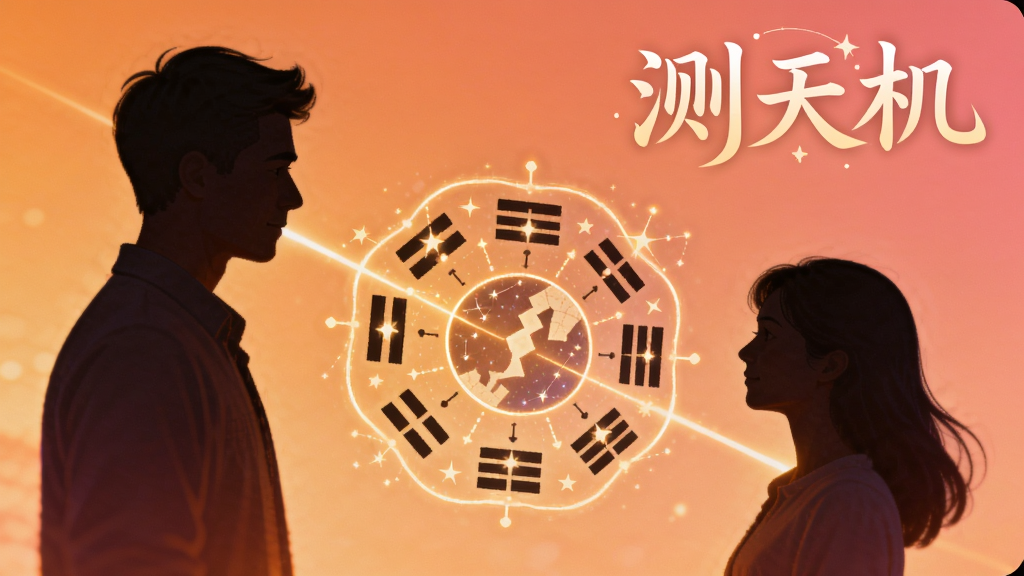 软件名称“测天机”以艺术字体出现在画面右上角,画面主体为两个人物剪影相对而立,中间连接着由光线组成的星盘与八卦图案,背景为温暖的橙粉色渐变,布局采用对角线构图,风格温馨柔和,细节上注重光线与剪影的融合,画质细腻,画面干净,无多余元素