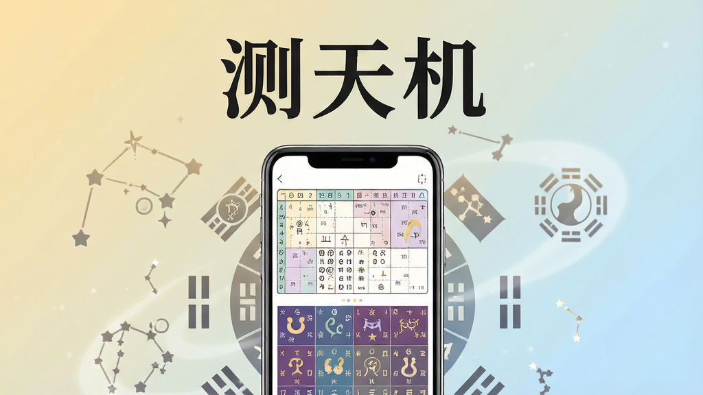 软件名称“测天机”四个大字居中显示,背景是柔和的淡金色与浅蓝色渐变,画面主体为一部智能手机,手机屏幕上展示着八字排盘图表与紫微斗数十二宫格,周围环绕着若隐若现的星宿与八卦符号,布局采用左右对称的版式,风格融合国潮插画与现代扁平化设计,细节上注重图表线条的清晰度与符号的精致感,画质高清,画面干净,无多余元素