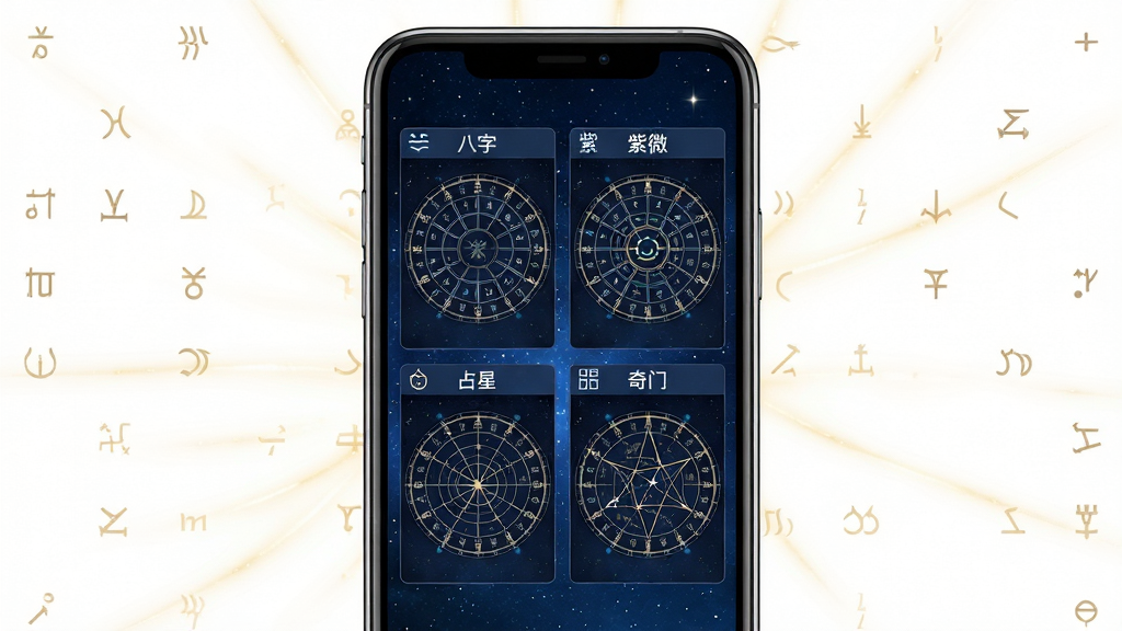 画面中央是一部竖屏手机,手机屏幕内展示着四个并排的图表窗口,分别标注“八字”“紫微”“占星”“奇门”,每个窗口内都有简洁的排盘线条与符号,背景为深蓝色星空,四周点缀着淡淡的金色光线,布局采用居中对称式,风格偏向科技与传统文化结合的视觉风格,细节处强调图表的锐利度与符号的辨识度,画质清晰,干净整洁,无多余装饰