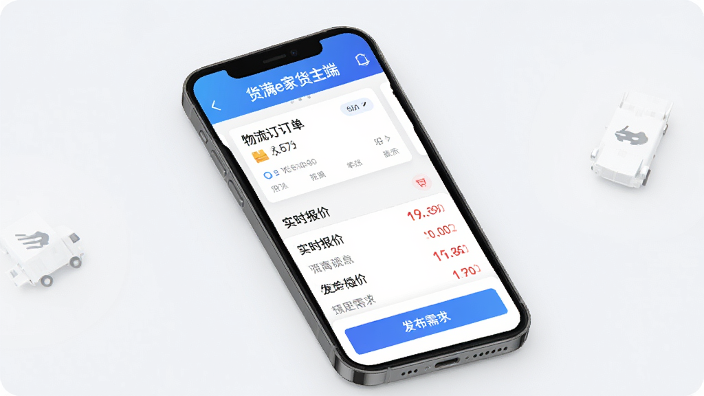 手机屏幕中央展示“货满e家货主端”应用界面,顶部为蓝色渐变标题栏,中间显示物流订单卡片和实时报价列表,底部有发布需求按钮,背景为干净的浅灰白色,画面风格简洁商务,细节清晰,画质干净,无多余元素