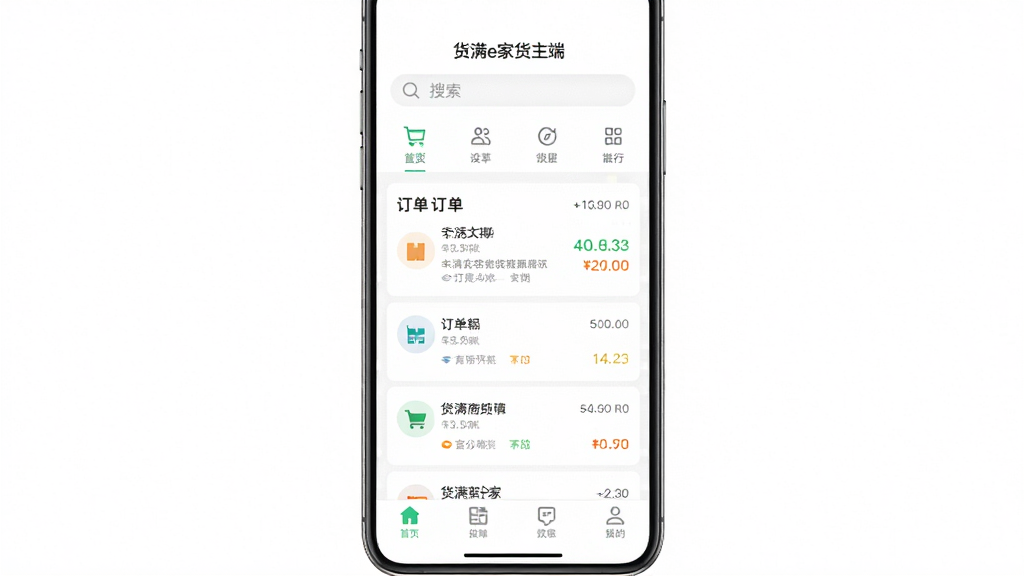 手机应用主界面展示“货满e家货主端”的首页布局,顶部有搜索框和功能图标,中间是订单列表,底部有导航栏,背景为纯白色,风格极简清新,画质干净,无多余元素