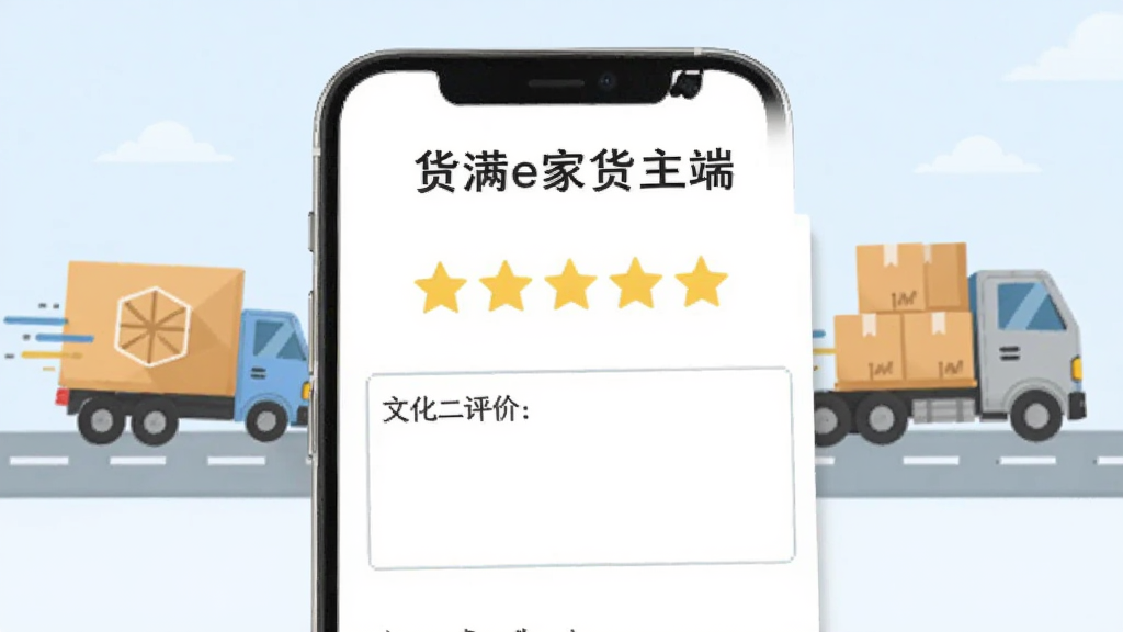 手机评价界面图,屏幕显示“货满e家货主端”的评价页面,有五颗星打分和文字评价框,背景有物流卡车和货物图标,风格简洁明快,画质干净,无多余元素