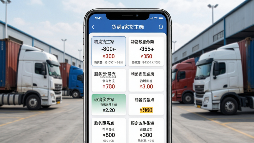 一张物流信息撮合场景图,画面中央是“货满e家货主端”手机界面,屏幕上显示多个物流服务商的报价卡片,背景是货场和卡车,风格写实商务,细节丰富,画质干净,无多余元素