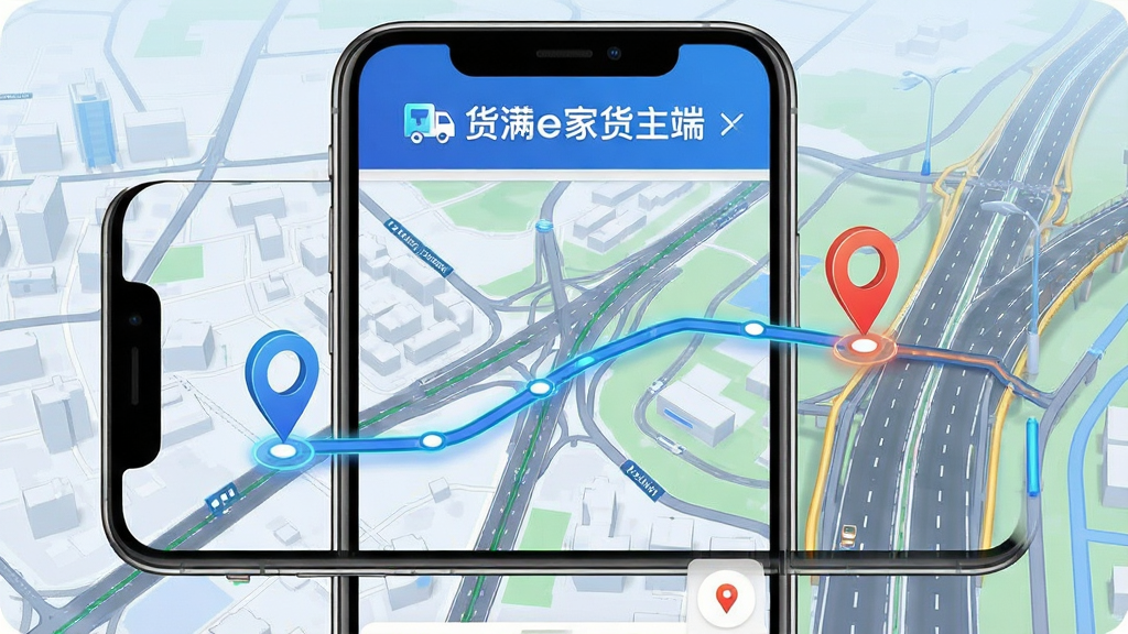 手机地图界面展示货物运输轨迹,屏幕上方显示“货满e家货主端”标识,地图上有起点和终点标记以及运输路线,背景为城市道路和高速公路,风格现代科技感,细节清晰,画质干净,无多余元素