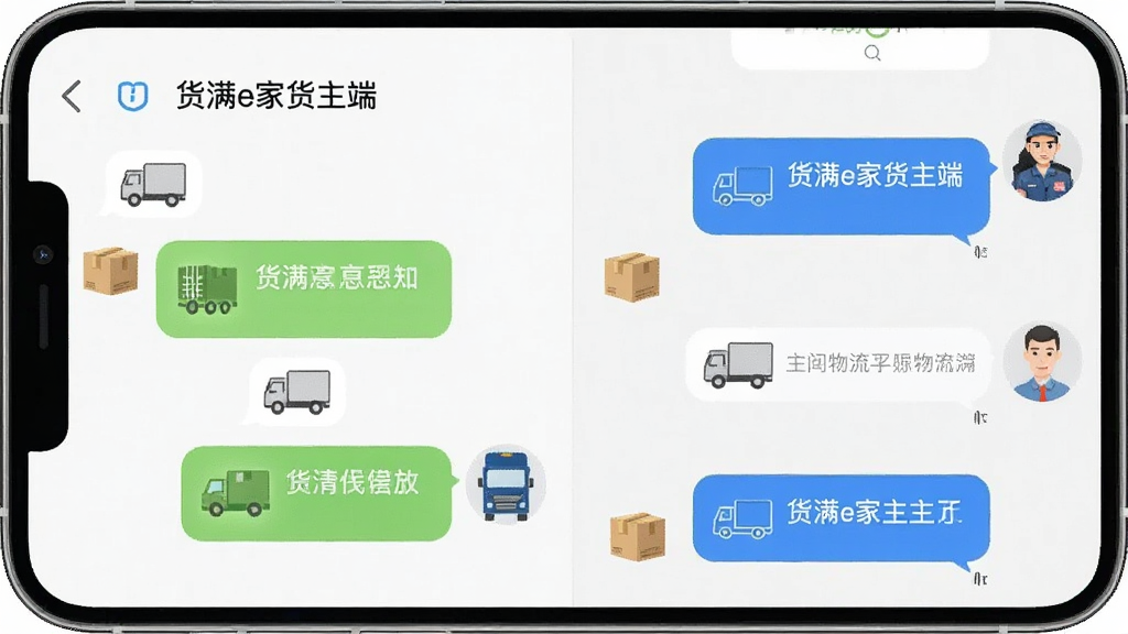手机聊天界面截图风格图,左侧是“货满e家货主端”聊天窗口,右侧是物流司机头像和对话气泡,画面中有货物和卡车的小图标点缀,风格清新简洁,画质干净,无多余元素