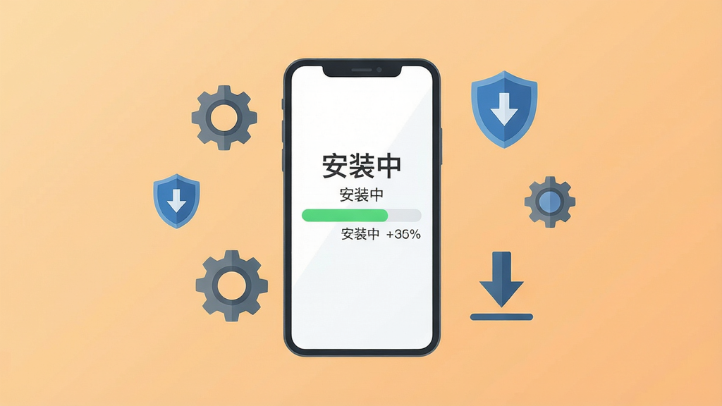 钜豪商城 手机安装步骤示意图,画面中央一部手机展示安装进度条,周围环绕齿轮、盾牌、下载箭头等图标,背景为浅橙色渐变,布局居中,排版简洁,风格扁平化,细节有“安装中”文字和进度百分比,画质高清,干净,无多余元素