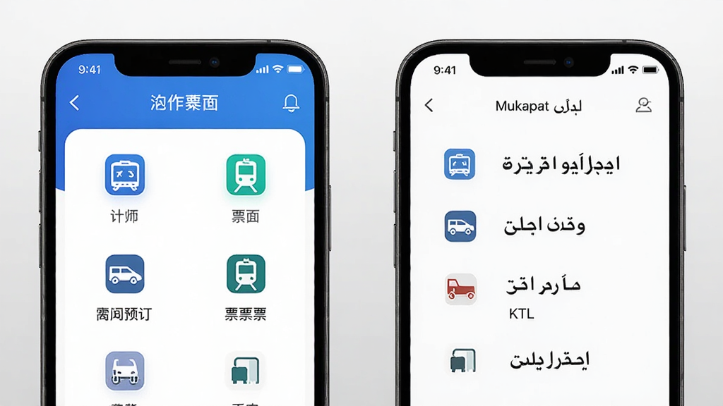 画面主体是Mukapat应用的双语界面切换展示,左侧显示中文界面,右侧显示维吾尔语RTL布局界面,两个手机屏幕并排展示,背景为浅灰色渐变。屏幕中可以看到酒店预订、火车票等功能的图标和文字。风格为UI展示图,细节要求界面文字清晰、布局对比明显、排版整齐。画质要求高清、干净、无多余元素。