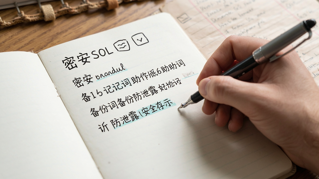密安SOL钱包助记词手抄备份防泄露 纸笔记录安全存放示意