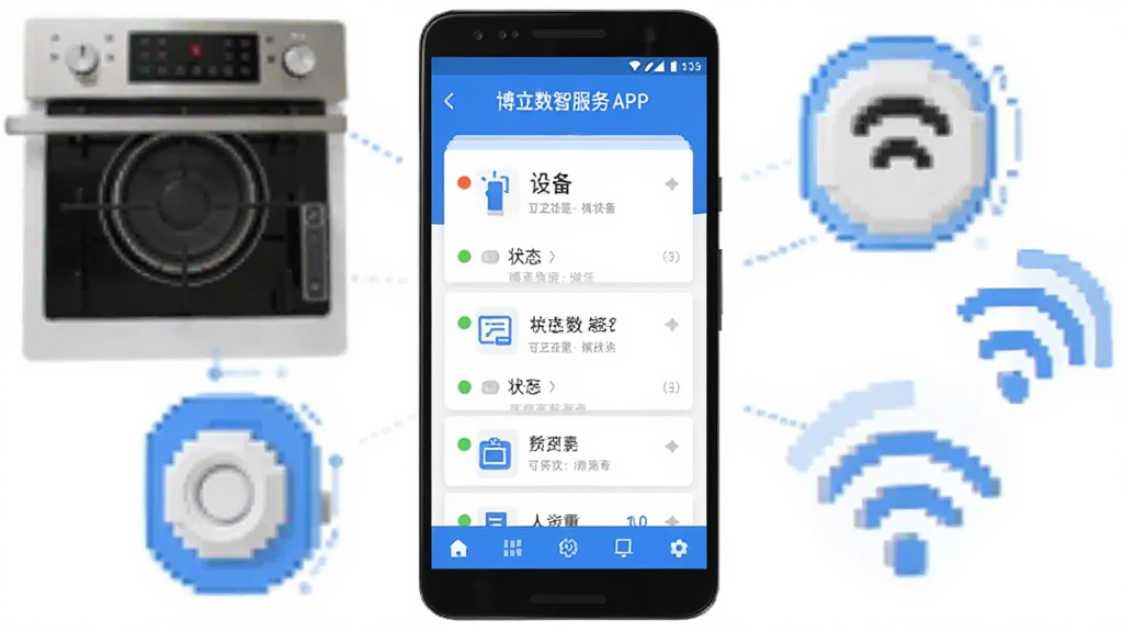 画面中央展示一部安卓手机,手机屏幕上显示“博立数智服务”APP的主界面,界面包含设备列表卡片、状态指示灯和底部导航栏,手机周围环绕着智能灶具、传感器和无线网络图标,整体采用扁平化科技风格,蓝白配色,布局简洁,细节清晰,画质干净,无多余元素,适合软件下载站展示