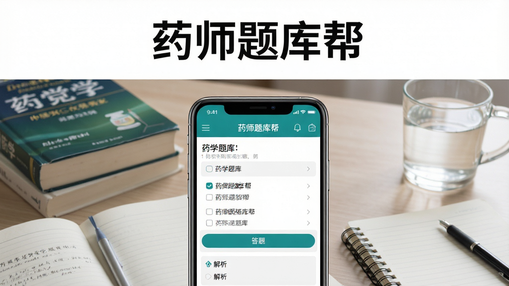 画面中央放置一部智能手机,手机屏幕上显示“药师题库帮”应用界面,界面中包含药学题库列表、答题选项与解析区域,背景为整洁的书桌场景,桌面上摆放药学教材、笔记本与一杯温水,整体布局为竖版海报构图,上方留白用于标题文字,风格为清新写实风,细节包含手机界面图标清晰、书本封面可见药学相关字样、光线柔和自然,画质为高清1080p,干净无多余元素