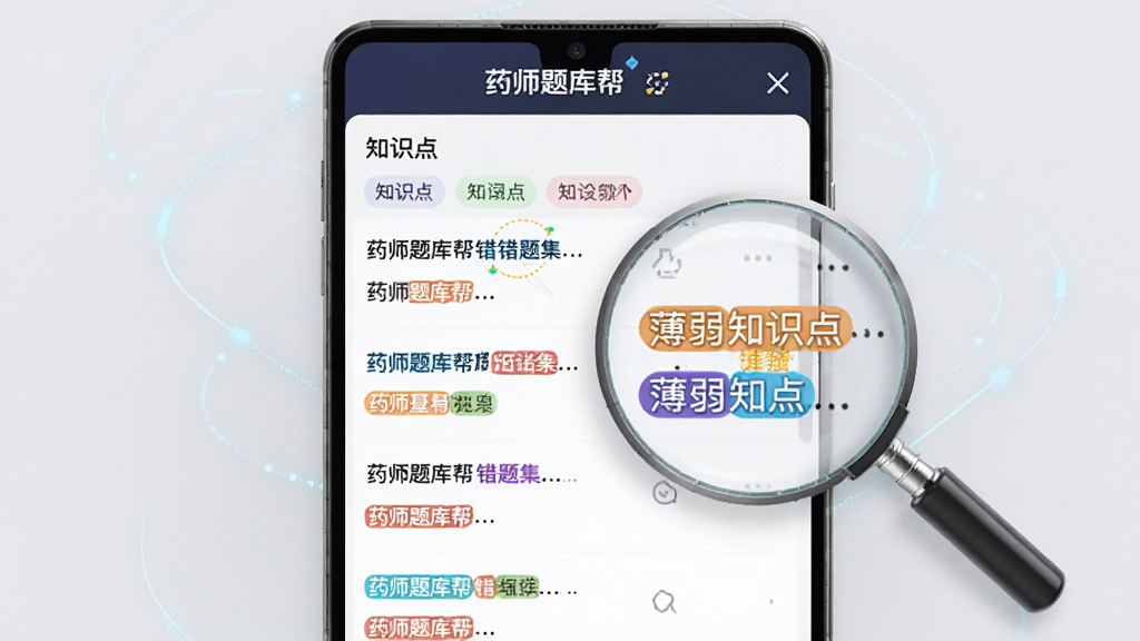 画面中央为“药师题库帮”错题集界面,屏幕上显示错题列表与知识点标签,旁边有一个放大镜图标聚焦在薄弱知识点上,布局为竖版构图,风格为智能科技风,细节包含错题标签色彩分明、放大镜效果自然、背景为浅灰色,画质高清,干净无多余元素