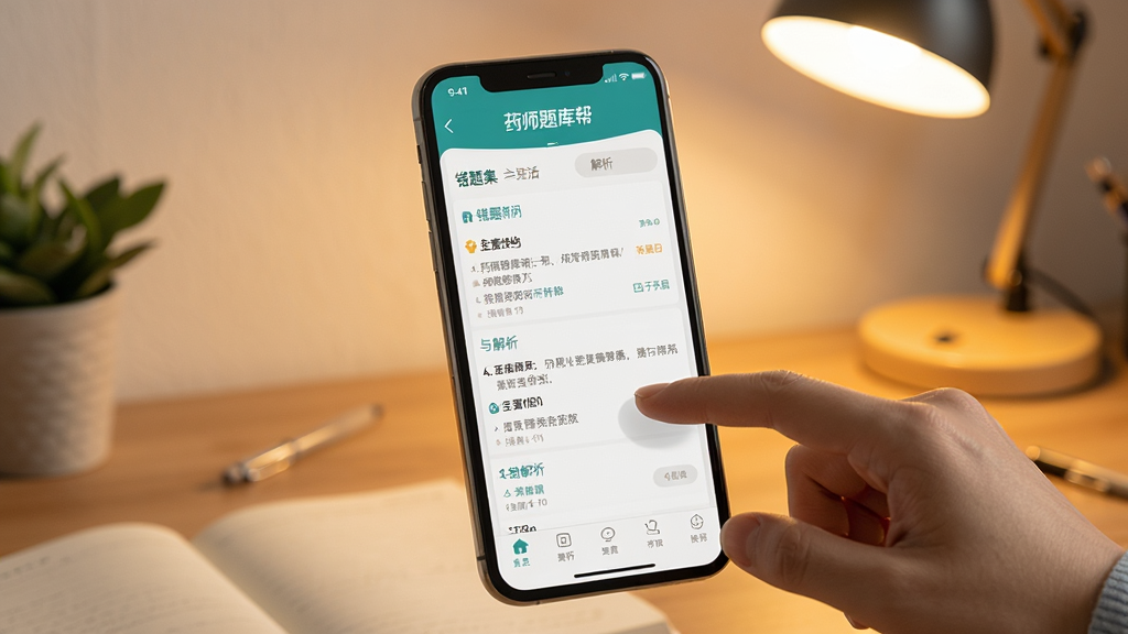 画面中央为“药师题库帮”手机界面,屏幕显示错题集与解析内容,旁边有一只手正在点击屏幕,布局为竖版构图,风格为写实生活风,细节包含手机界面清晰、手指动作自然、背景为温馨的书桌与台灯,画质高清,干净无多余元素