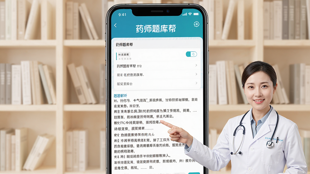 画面中央为“药师题库帮”答题界面截图,屏幕下方显示详细的题目解析文字,旁边有一位药师形象的人物用手指向解析内容,布局为竖版构图,风格为简洁教学风,细节包含解析文字清晰可读、药师形象专业亲切、背景为浅色书架,画质高清,干净无多余元素