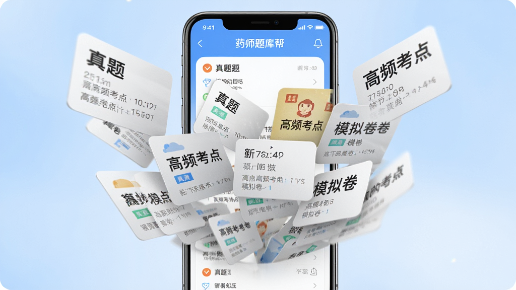 画面中央展示“药师题库帮”手机界面,屏幕内显示大量题目卡片从屏幕中飞出,卡片上标注真题、高频考点、模拟卷等字样,布局为竖版构图,风格为动感写实风,细节包含卡片层次分明、手机界面清晰可见、背景为柔和渐变蓝色,画质高清,干净无多余元素