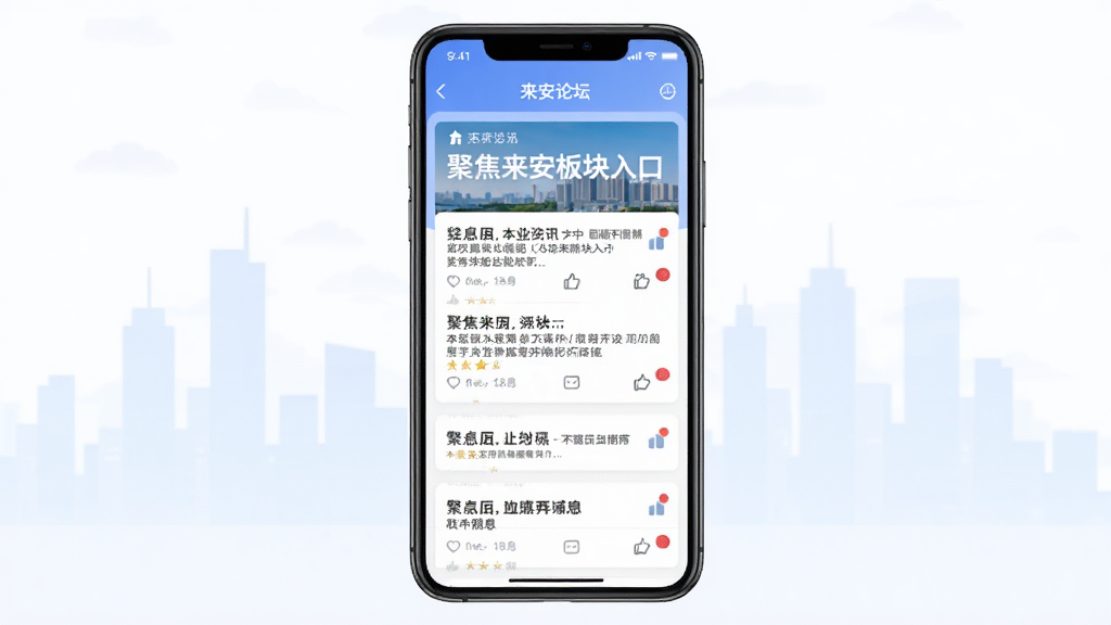 来安论坛手机客户端首页界面展示,主体为一部竖屏智能手机,屏幕内呈现本地资讯信息流和聚焦来安板块入口,布局上手机居中放置,背景为浅色城市剪影,风格清新现代,细节上包含资讯卡片、点赞图标和消息红点,画质清晰干净,无多余元素
