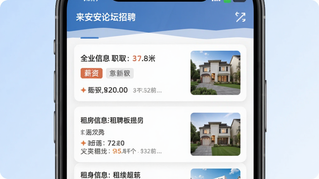 来安论坛求职招聘板块界面展示,主体为手机屏幕呈现招聘信息列表和租房信息卡片,布局上手机正面展示,背景为淡蓝色渐变,风格简洁商务,细节上包含职位名称、薪资标签和房源缩略图,画质清晰,无杂乱元素
