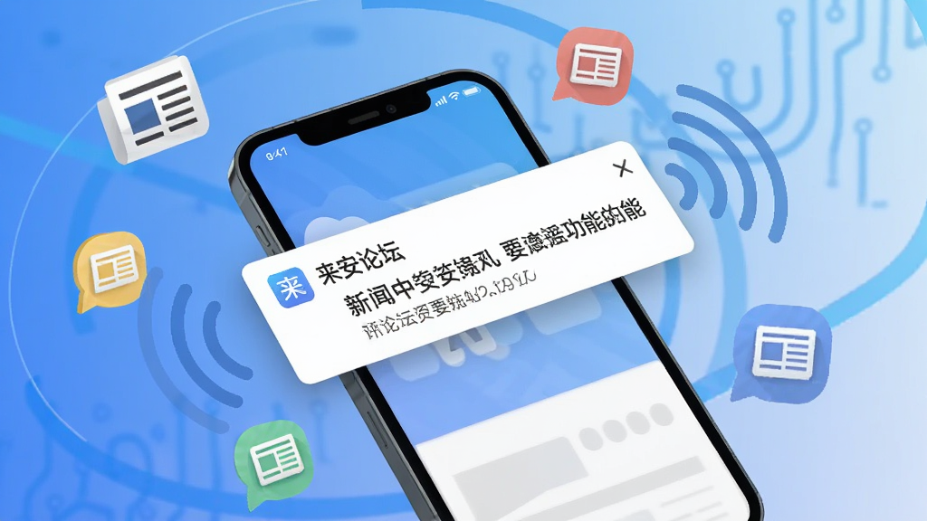 来安论坛资讯推送功能展示,主体为手机屏幕弹出新闻通知横幅,布局上手机斜置于画面中央,周围环绕抽象的新闻图标和信号波纹,风格扁平化科技感,细节上通知栏显示“来安论坛”字样和要闻标题,画质高清,干净简洁