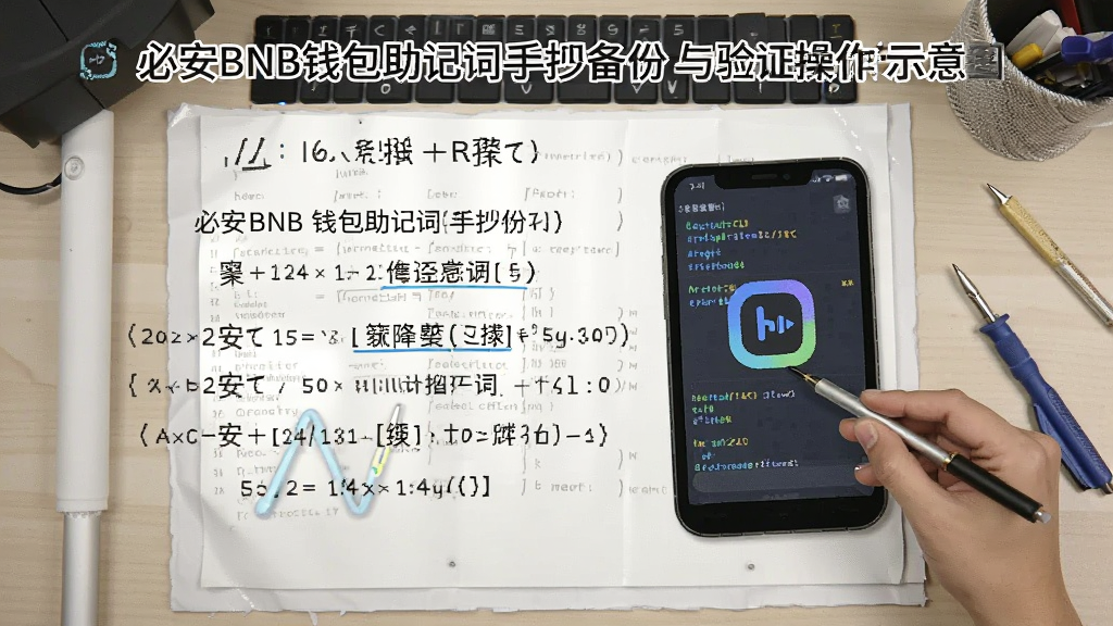 必安BNB钱包助记词手抄备份与验证操作示意图