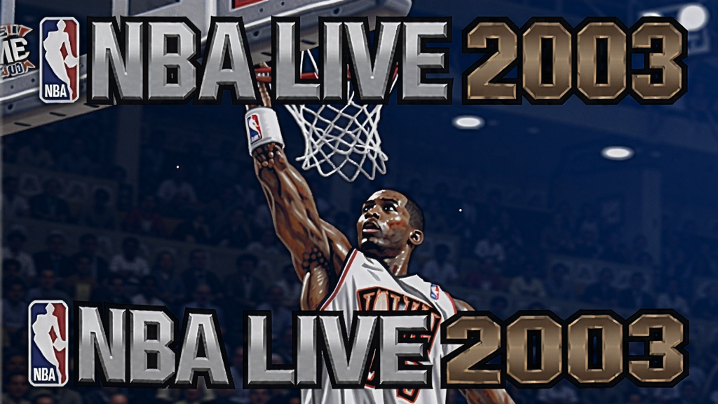 NBA Live 2003游戏封面展示,篮球运动员扣篮瞬间,经典蓝色背景