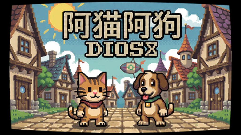 阿猫阿狗DOS版游戏标题画面,卡通猫狗角色站在奇幻小镇前,阳光明媚,色彩柔和,怀旧像素风格