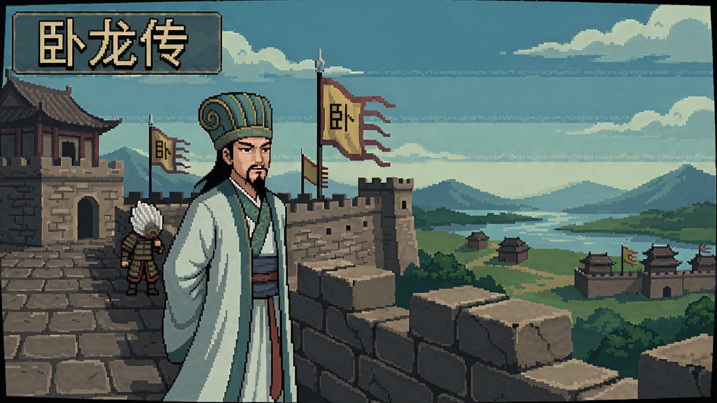 卧龙传游戏主界面,色彩怀旧,诸葛亮站在城墙上眺望远方