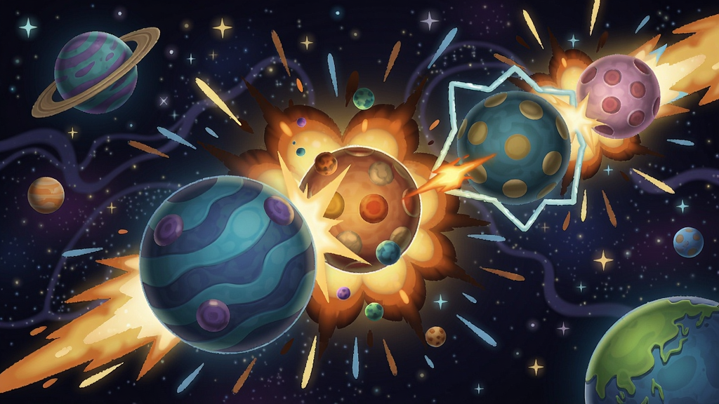 小星球大爆炸游戏中彩色星球互相碰撞引发连锁爆炸的场景,明亮卡通风格,背景有星空和能量特效
