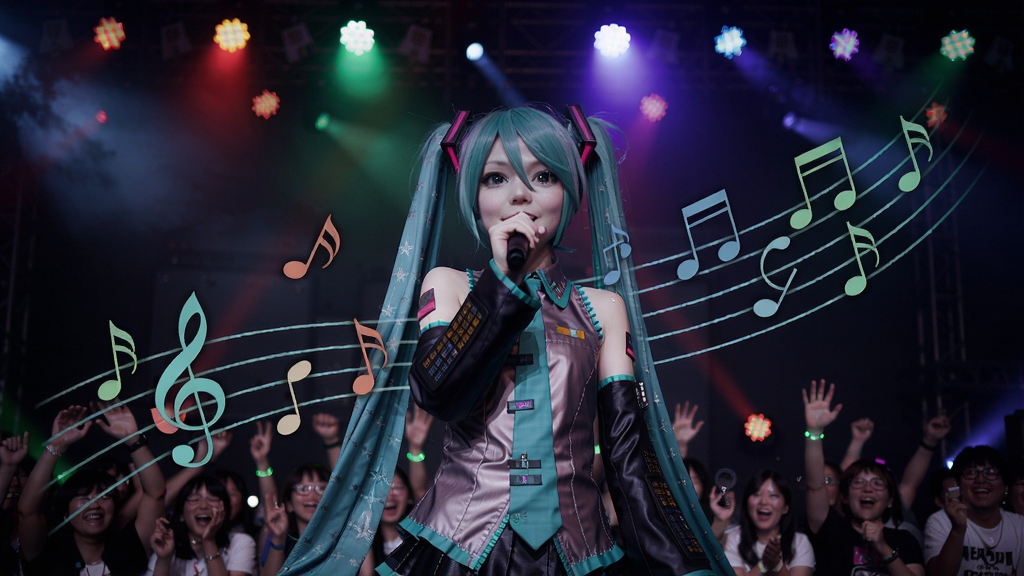 初音未来在舞台上唱歌,五彩灯光,音乐节奏符号飘动