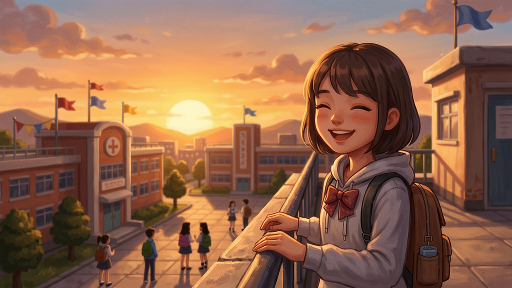 美好的每一天游戏场景,主角站在校园天台上,夕阳下的幸福瞬间