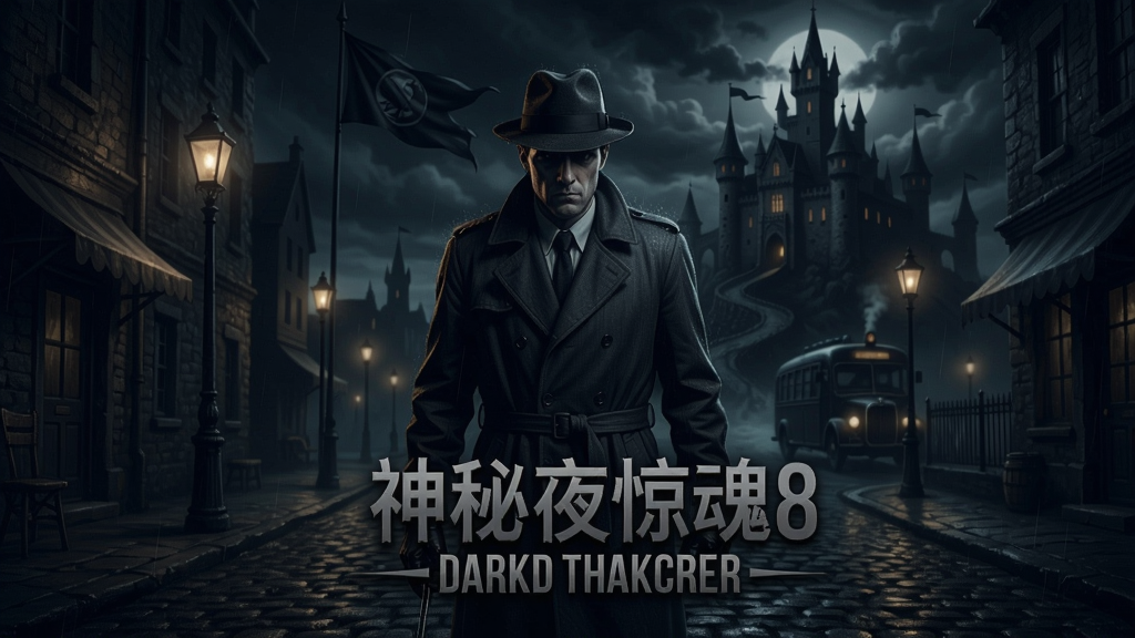 神秘追踪者8暗夜惊魂游戏封面,黑暗风格,侦探站在夜晚街头,远处有隐约的城堡