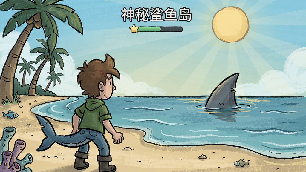 神秘鲨鱼岛游戏场景,主角站在沙滩上眺望远处鲨鱼鳍,手绘卡通风格,阳光明媚