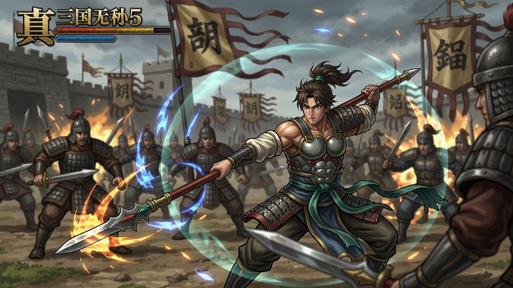真三国无双5游戏战斗场景,赵云在战场上挥舞长枪,周围有大量敌兵和特效