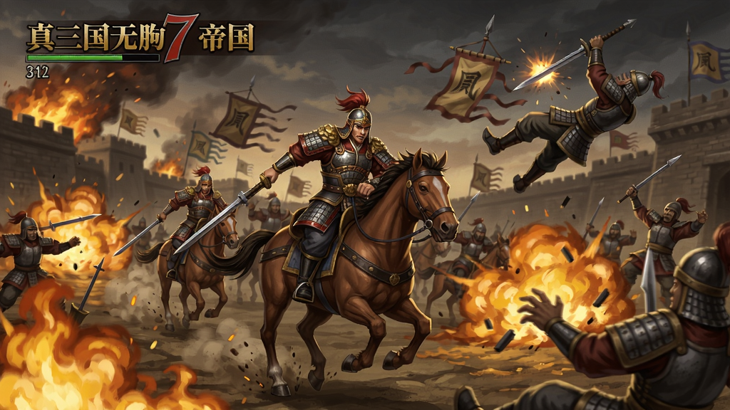 真三国无双7帝国游戏截图,武将骑马冲锋,战场上火光四射,敌兵被击飞场景