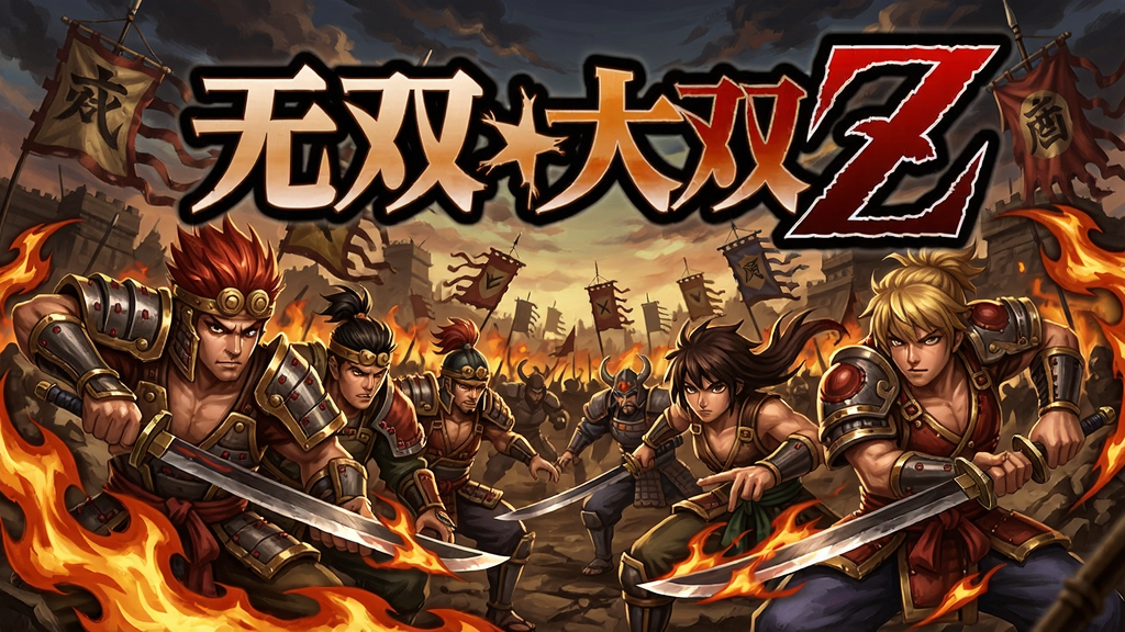 无双大蛇Z游戏封面,武将集结战场,火焰与刀光特效,风格热血