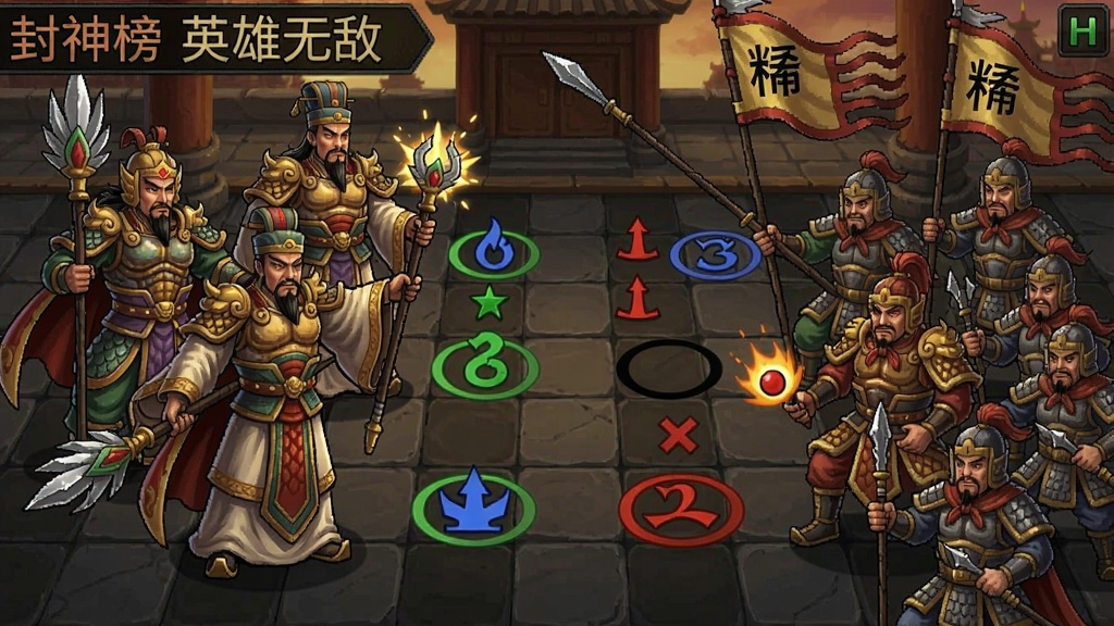 封神榜英雄无敌游戏截图,回合制战斗界面,姜子牙带领神将对战纣王军队