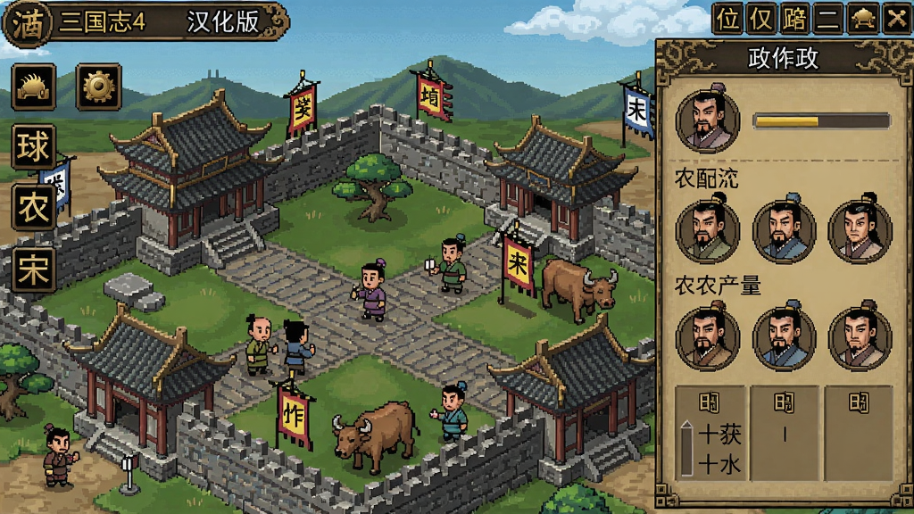 三国志4汉化版游戏截图,城市内政界面,玩家正在分配农夫产量,古风UI好看
