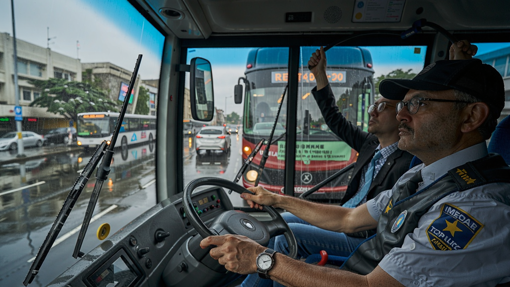 巴士驾驶员在雨天街道上驾驶,雨刷工作,乘客持曼等车