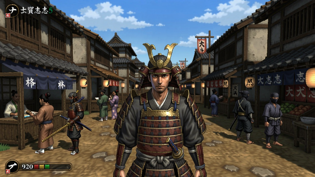 太阁立志传5游戏画面,一位武士站在城下町,周围有商人、忍者、茶屋等建筑,展现自由开放的战国世界